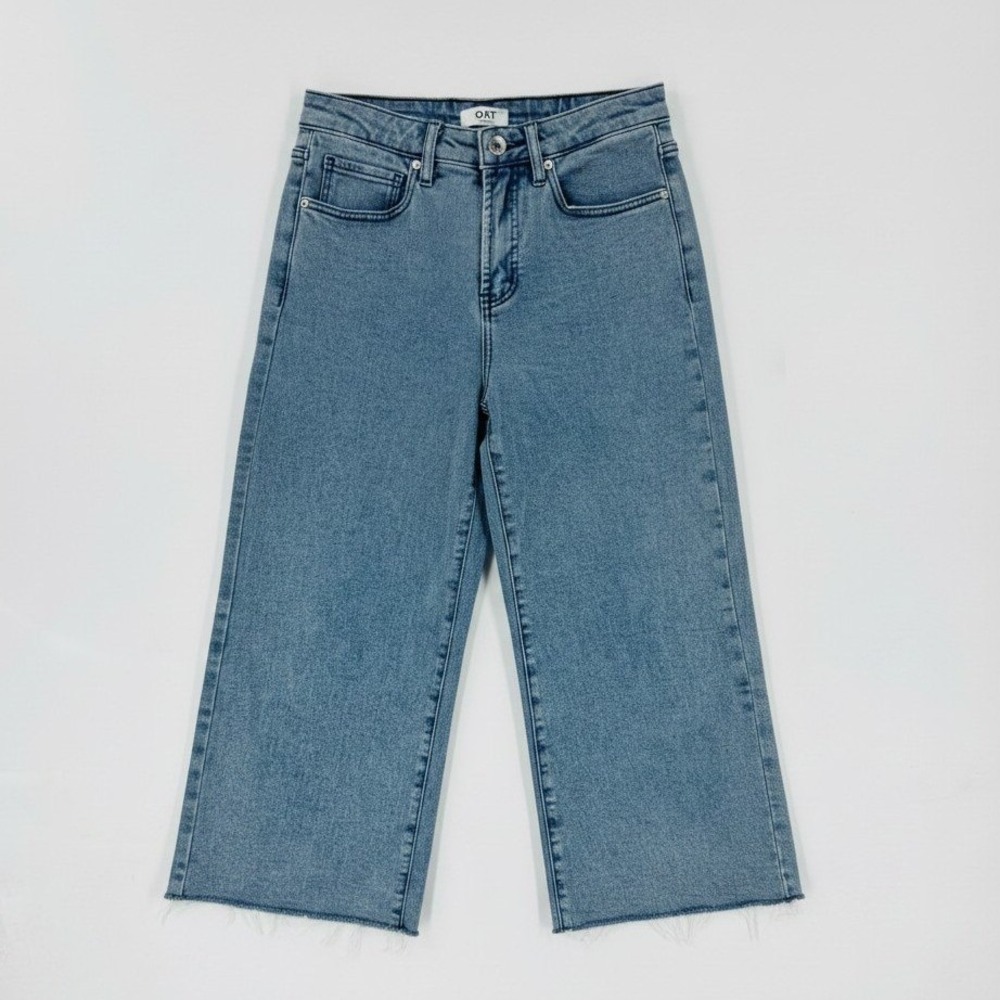 OAT Cropped Wide‎ Leg Raw Hem Denim Jeans Light Wash High Rise Stretch Size 27